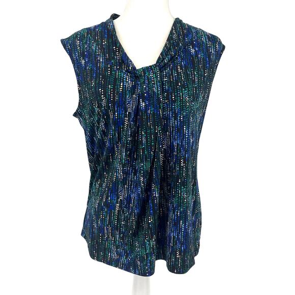 Dana Buchman Women's L Sleeveless V neck Pleated Blue Green Patterned Career Top - Picture 1 of 6